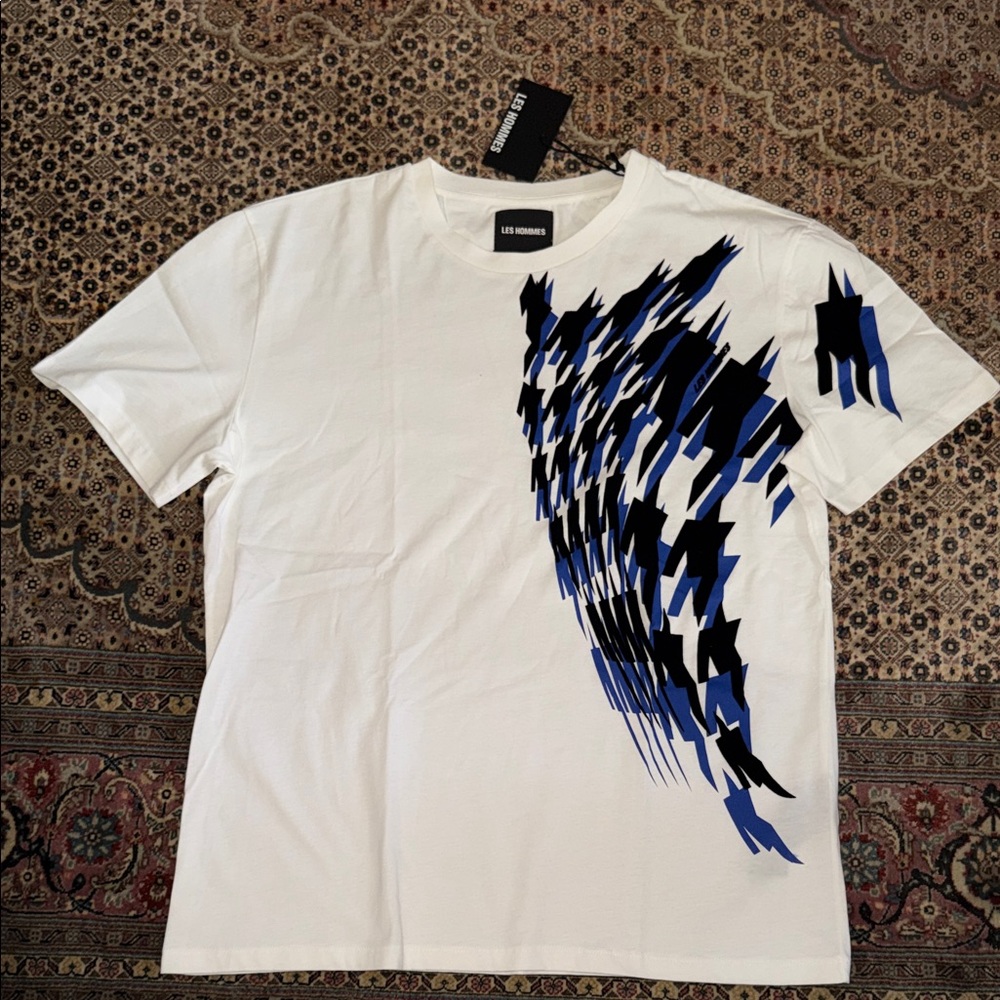 Les Hommes White Tee with Blue Abstract Design